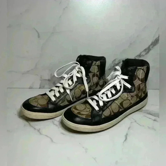 Coach Ellis khaki brown leather canvas signature high top sneakers size 8 - Picture 2 of 4